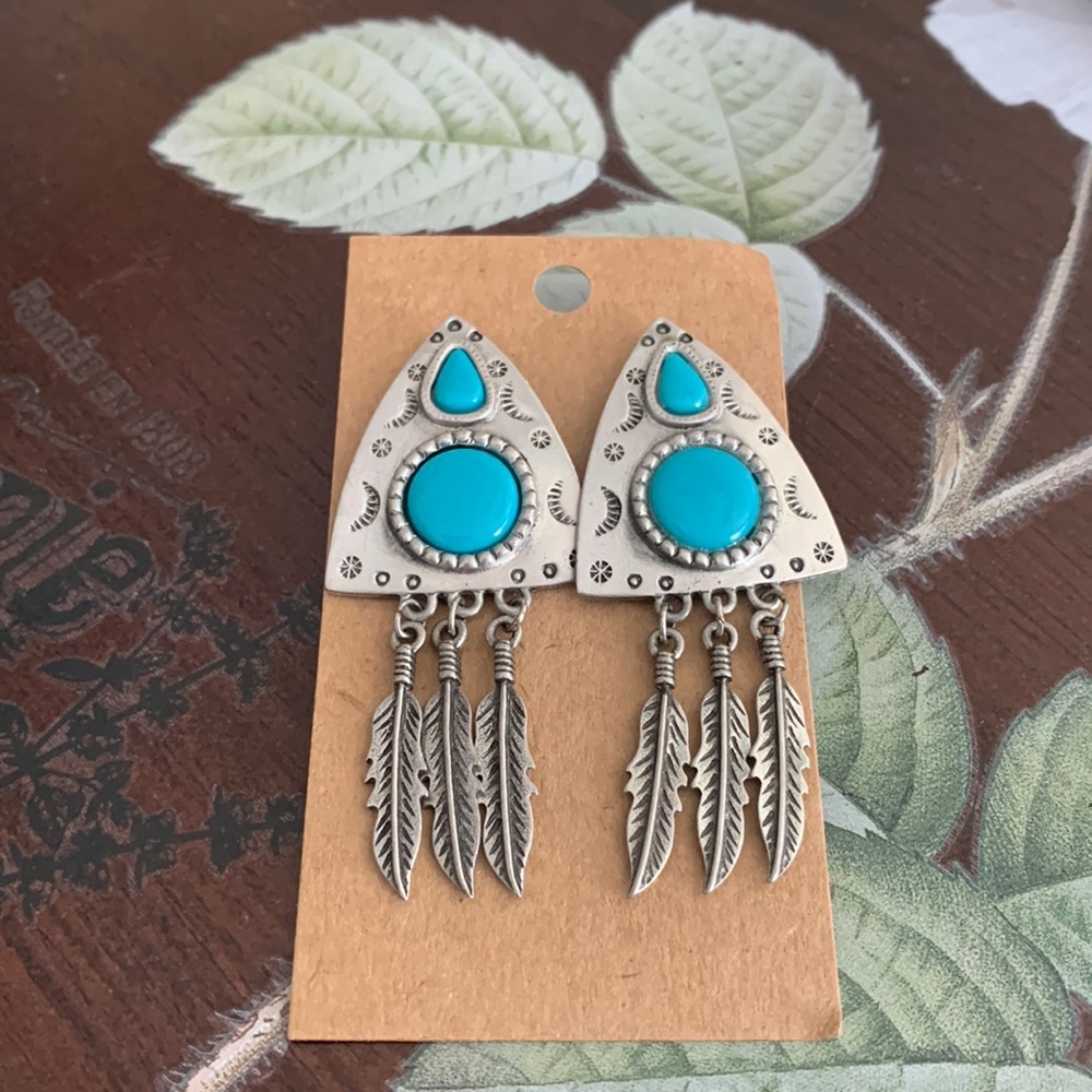 JJ feather vintage blue stone dangle earrings southwest